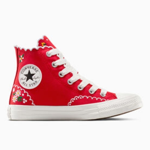 Converse Chuck Taylor All Star Sneaker Red Floral Embroidered Scallop High Tops - Picture 1 of 9